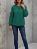 Ropa Femenina Transfronteriza Europea y Americana Otoño 2026: Camisa de Manga Larga Sólida Simple con Cuello Redondo de Waffle y Mangas de Farol Patchwork