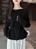 Suéter de Punto de Lana Pura Off-Shoulder Nuevo Invierno 2026 para Mujer, Manga Larga, Color Sólido, Suéter de Lana con Diseño de Corbata