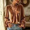2026 Europeo y Americano Transfronterizo Otoño e Invierno Amazon Nuevo Terciopelo Versátil Cuello en V Plisado Holgado Color Sólido Manga Larga Camisa Mujer