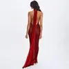 Nuevo Vestido Largo Estampado de Cuello Halter sin Espalda de Venta Caliente Transfronteriza Europeo y Americano Estilo Chica Sexy Caliente con Cinta y Abertura