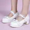 Fabricante Direto Sapatos Femininos de Salto Único com Laço e Fivela de Renda, Salto Alto Bloco, Boca Rasa, Sapatos Lolita Estudantis, Estilo Europeu e Americano