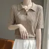 Camiseta de Manga Corta para Mujer, Estilo Vintage Old Money, Cuello Polo Calado, Tencel Lino, Verano, Textura Tejida, Transpirable, Top de Cuello Solapa