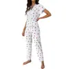 Ropa de Casa de Mejor Venta Transfronteriza Europea y Americana Traje de Dos Piezas con Pantalones para Mujer para Usar Afuera con Estampado de Cerezas y Mangas Cortas