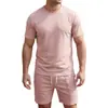 Conjunto Esportivo Casual Masculino Transfronteiriço Europeu e Americano Verão Cor Pura Raiz de Lótus Manga Curta Camiseta Masculina Shorts com Cordão Conjunto de Duas Peças