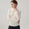 Camiseta base de punto de manga larga para mujer, cuello redondo, finamente elaborada, cachemira fina, jersey de punto sin hombros, suave suéter de cachemira