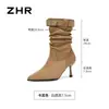 Botas ZHR de Veludo Amassado Empilhadas 2026 Chegada Nova Outono/Inverno Bico Fino Botas Western Salto Fino Salto Alto Botas Emagrecedoras