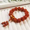 Pulseiras Nepalesas de Rudraksha de Material Natural Antigo Cinco Pétalas Pele Vermelha e Amarela Contas e Joias Budistas Masculinas e Femininas