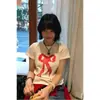 Camiseta de punto de manga corta de ajuste ceñido, alta elasticidad, con estampado de lazo retro, hombros normales, corta, estilo nicho Ins coreano para estudiantes