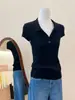 Top de punto estilo Old Money francés con cuello polo de manga corta para mujer, casual de verano, ajuste ceñido, adelgazante, con cuello camisero vuelto