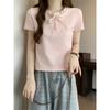 Camiseta Rosa de Renda com Cadarço no Ombro Estilo Doce Puro Feminina Verão Manga Curta Slim Fit Borda de Orelha de Meninas Quentes Top Falso de Duas Peças