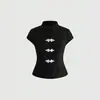 INS Estilo Nacional Bloques de Color de Verano Botón de Rana Espalda Nudo de Mariposa Corbata Cintura Top Nuevo Estilo Chino Camisa Corta Ropa de Mujer