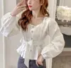 Camisa de otoño para mujer estilo francés, modelo nuevo 2026, elegante, entallada a la cintura, cuello cuadrado, amarre en la espalda, top único de manga corta larga