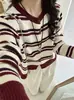 Colección de otoño/invierno 2026 estilo coreano: Suéter cárdigan de punto a rayas color-block, de corte holgado y relajado para mujer, diseñado para crear un efecto adelgazante