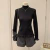 Camisa de punto con cuello medio alto y costuras de encaje de Maillard para mujer, suéter suave y encerado con interior apilado para otoño e invierno.