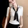 Camisa Polo Blanca de Punto con Solapa Blanca Estilo Coreano Atuendo para Entrevista Manga Corta Mujer Verano Petite Hombro Normal Corte Delgado Corto