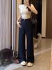 Jeans Bordados Retro Azul Oscuro Populares para Mujer Otoño Nuevo de Cintura Alta Línea A Acampanados Grandes Rectos de Pierna Ancha