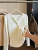 Top de Punto con Parches de Encaje de Manga Larga y Cuello en V para Mujer, Nuevo para Otoño Invierno, Delgado, Capa Base, Ropa Interior, Diseño con Sentido, Elegante