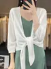 Cardigan Curto Tricotado Casual Solto de Manga Três Quartos, Cor Sólida Fina, Gola V Sem Botões, Peça de Roupa para Ambientes com Ar Condicionado, Primavera/Verão 2026
