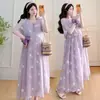 Vestido de Maternidad Morado Bordado de Tulipe Nuevo Verano 2026 Manga Larga Corta