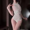 Body de Encaje Bordado Sexy Conjunto de Lencería con Transparencia Uniforme Tentación Pijama para Mujer