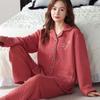 Pijama de Algodão Sanduíche de Ar Feminina Primavera Outono e Inverno Manga Comprida Algodão Espesso Quente Fino Algodão Sanduíche Todo Algodão Roupa de Casa