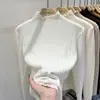 Suéter de Tricô com Borda Babada Gola Alta Camiseta Base para Mulheres Outono e Inverno Branco Suéter Base Mulheres Primavera e Outono Novo Top