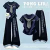 Traje College Estilo 2026 Verão Novo Doce Fofo Estilo Gato de Desenho Animado Camiseta Casual Calça de Perna Larga Conjunto de Duas Peças