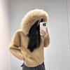 Suéter de Punto con Cremallera de Color Sólido Estilo Europeo y Americano Transfronterizo Otoño e Invierno Nuevo Cárdigan para Mujer Holgado con Capucha y Cuello de Piel de Manga Larga