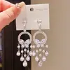 Pendientes de Aguja de Plata Estilo Lujo Ligero Circonita Redonda Mariposa Gota de Agua Borla, Pendientes Exquisitos Vintage de Alto Nivel Estilo de Corte para Mujer