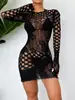 Exportación Transfronteriza Europea y Americana Falda Sexy Ajustada a la Cadera Ropa Interior Sexy de una Pieza con Cortes Ajustada Transparente de Malla de Manga Larga W733