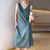 Verano Nuevo Falda Lencera de Satén de Ácido Acético para Mujer Sin Mangas Ropa Interior Falda de Corte A Adelgazante Vestido Negro Largo para Exteriores