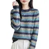 Suéter de Punto a Rayas Retro Color Block para Mujer Cuello Redondo Manga Larga Holgado Suéter Otoño Invierno Versátil Casual Top Básico