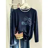 Camiseta de algodón puro para mujer, estilo dos piezas falsas, cuello redondo, manga larga, para otoño, con diseño único, aspecto elegante, efecto rejuvenecedor y versátil como top o capa base