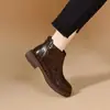 Botas curtas de bico redondo para mulheres 2026 Outono/Inverno zíper traseiro solado reto botas Chelsea forro de pelúcia botas quentes de algodão botas estilo Martin botas de couro femininas