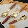Vajilla Sabri con mango de madera, cuchillo y tenedor de acero inoxidable 304, cuchara, cuchillo y tenedor para carne engrosados, vajilla occidental, juego retro de cuatro piezas
