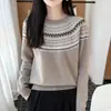 Suéter 100% lana pura para mujer, jersey jacquard Fair Isle vintage, top de punto de cuello redondo, top base de alta gama