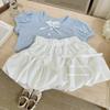 Conjunto de Verano para Niñas Bebé Elegante Infantil Moderno Versión Coreana Camiseta de Falso Dos Piezas con Lazo y Falda Corta Floral Abullonada