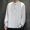 Blusa estilo Tang solta, gola mandarim, camiseta casual de manga longa para homens, mistura de linho, adequada para primavera e outono, estilo casual, com botões decorativos, tamanhos grandes, novo estilo chinês
