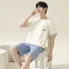 Pijama de Pareja Verano Hombres Algodón Puro Rayas Manga Corta Pantalones Cortos Agradable a la Piel Casual Talla Grande Hombres Delgado Conjunto de Ropa para el Hogar