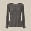 Camiseta básica de cachemira con cuello Henley para mujer, corte ajustado, hombro normal, manga larga, ligera, retiene el calor, adelgazante, top de punto elástico