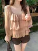 BLUSA de encaje con volantes y corbata, cuello cuadrado, manga larga, estilo francés, para principios de otoño 28595