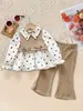 Comercio Exterior Ropa Infantil Primavera y Otoño Conjunto Bebé Dulce Camisa de Cuello Alto con Estampado de Corazones Chaleco + Pantalones Largos Acampanados Amigables con la Piel Conjunto de Dos Piezas