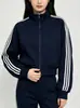 Sudadera de estilo coreano de moda con bloques de color y tres rayas, cuello alto, para mujer, nueva chaqueta deportiva tipo béisbol con bloques de color para primavera y otoño, para exteriores