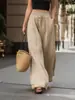 Pantalones anchos de lino con cintura elástica y cordón, estilo vacacional suelto, de pierna ancha, para mujer, largos hasta el suelo, casuales, con bolsillos laterales