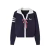 Cardigan de Punto Coreano Otoño e Invierno Nuevo Estilo Preppy con Lazo Estéreo Reductor de Edad de Color Contrastante Chaqueta Suéter Bordada de Cachorro
