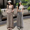 Calça de Linho Xadrez Wide-Leg Feminina Verão 2026 Novo Estilo Coreano Solta Emagrecedora Casual Estilo Preguiçoso Versátil Calça Longa