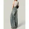 Jeans de mezclilla retro de calle azules rotos de pierna ancha curvada para mujer, pantalones holgados de cintura alta modernos estilo americano