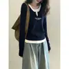 Camiseta de manga larga de dos piezas falsas de diseño vanguardista para mujer, moda Ins, versátil, tacto de alta gama, azul marino, top de algodón puro, otoño