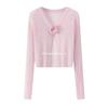 Camisa de Protección Solar con Flor Tridimensional Verano 2024 Nuevo Modelo Color Sólido Manga Larga Cardigan de Punto Top Corto Casual para Mujer
