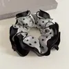 Scrunchie Patchwork de Cetim com Bolinhas Coreano para Mulheres, Borda Franzida Multicamadas, Elástico Grande Elegante para Rabo de Cavalo